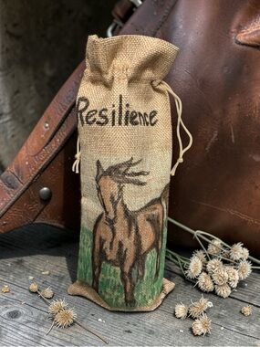 Resilience Horse Burlap Wine Bag - Hand-drawn.  One of a kind.